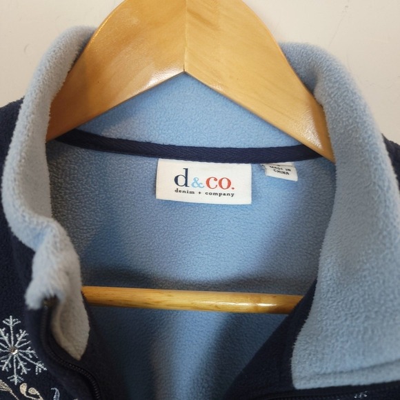 Denim & Co Fleece Jacket Womens L Navy Blue Embroidered Snowflake Zip Excellent - Picture 4 of 7